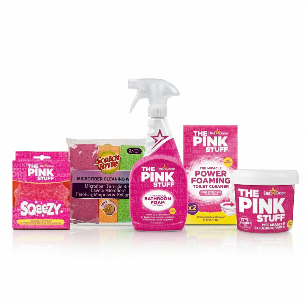 طقم التنظيف الوردي المتكامل للحمّام مع معجون ومناشف ميكروفايبر