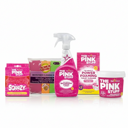 طقم التنظيف الوردي المتكامل للحمّام مع معجون ومناشف ميكروفايبر